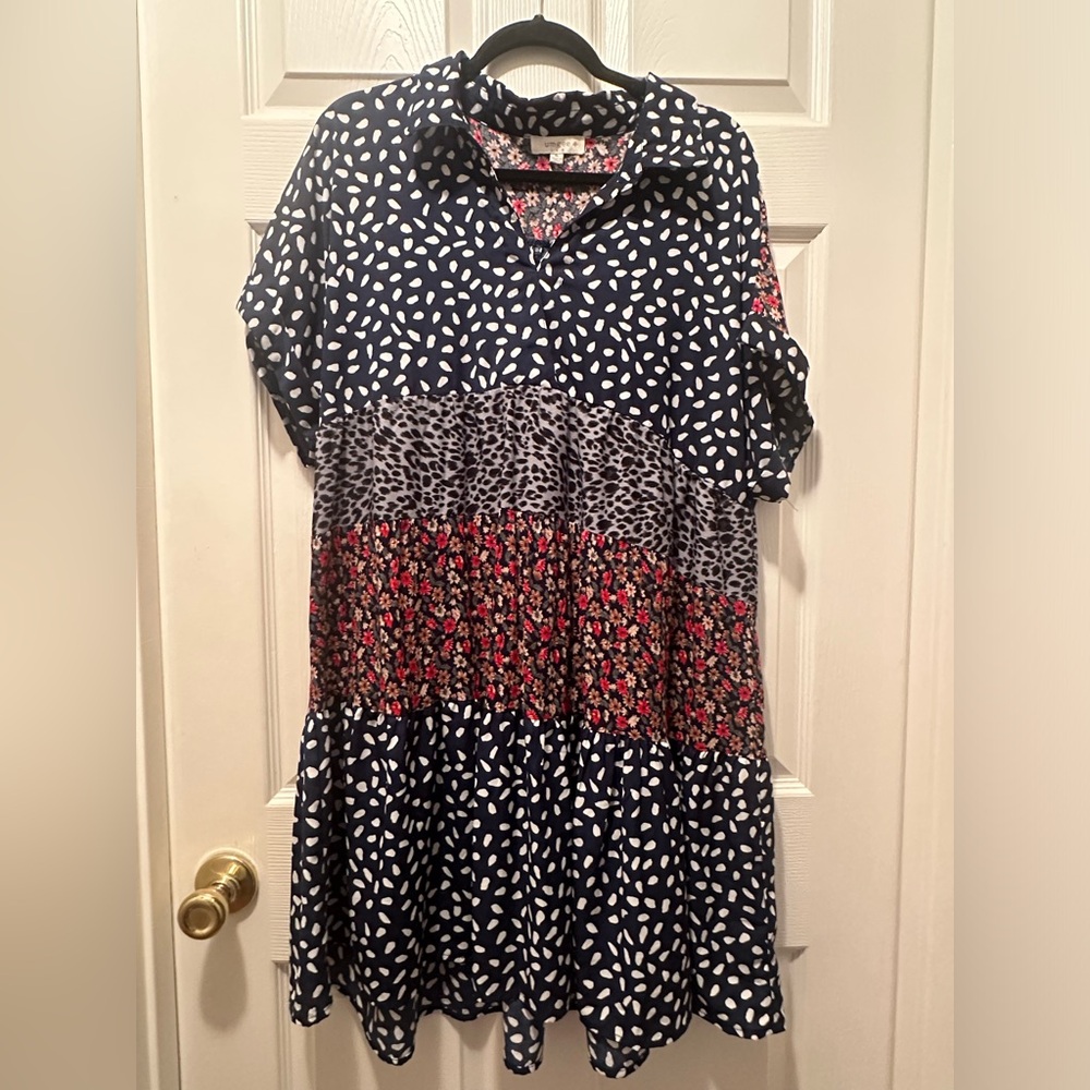 Umgee - Mixed print tiered babydoll dress with collar. XL